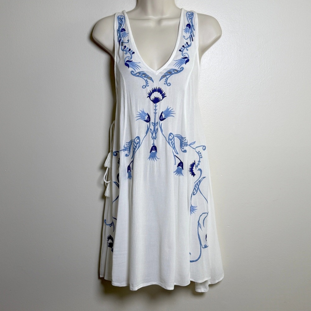 Intimately Free People White Blue Embroidered Gauze Mini Dress XS Boho Festival